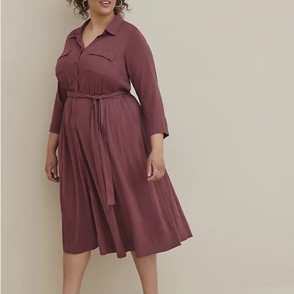 NWT. Torrid Midi Rayon Slub Belted Shirtdress. Purple Mauve. Size 0 (12/L)